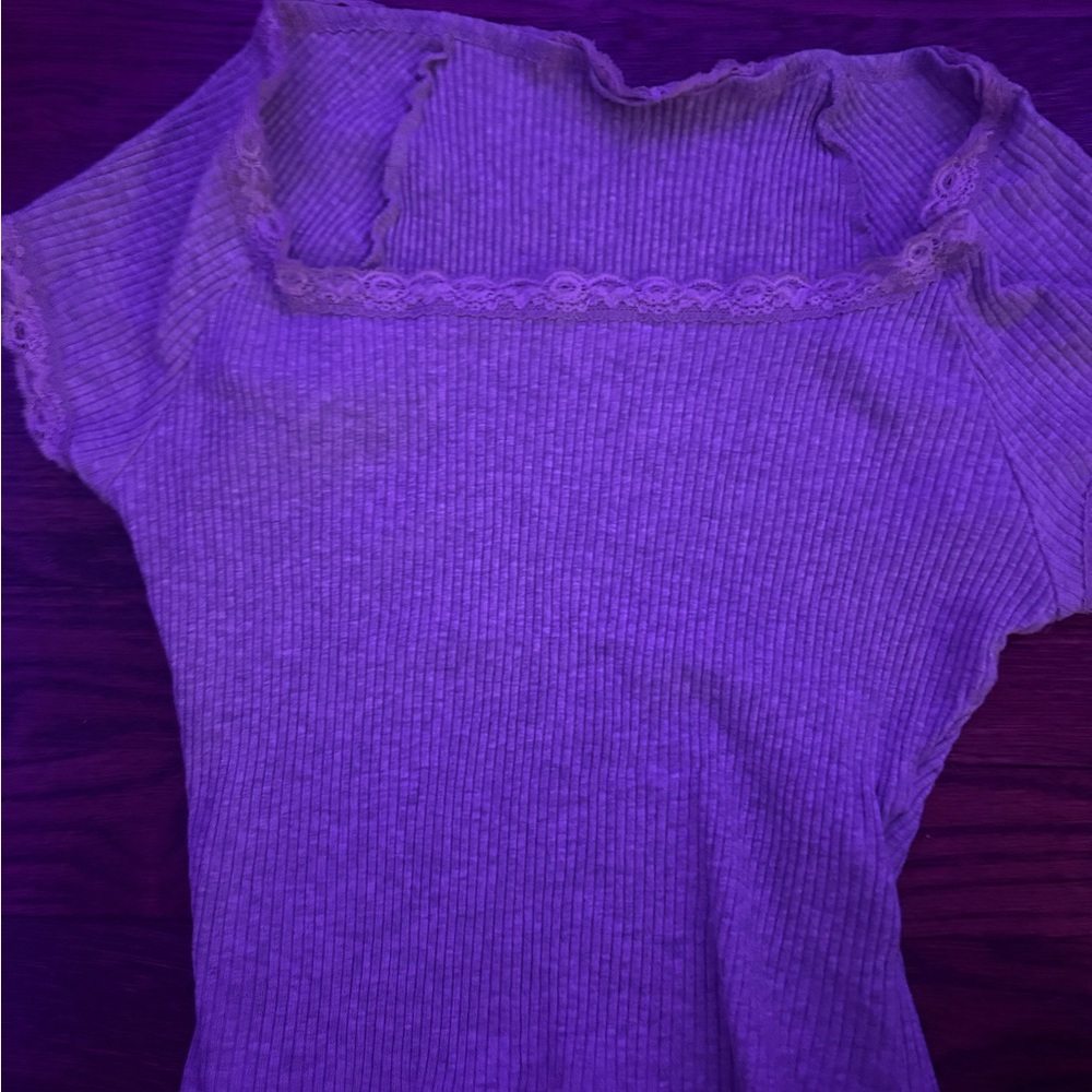 grey ribbed Lace Trim Top